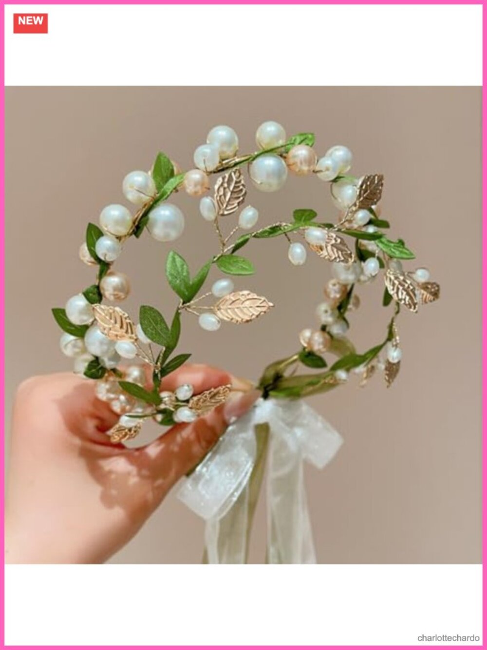 Pearl Leaf Hair Vine Ribbon Headband Bridal Wedding Fairy Headpiece
